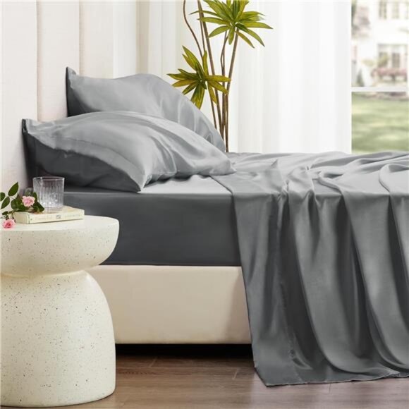 Love's cabin Satin Queen Sheets Set - 4 Piece Dark Grey Silky Satin Bed Sheets - Picture 3 of 7